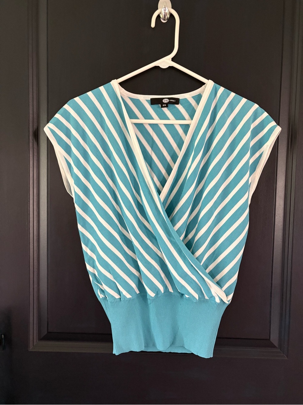 C&A Tendency Women Aqua White Striped Wrap Surplice Knit Top Y2K
